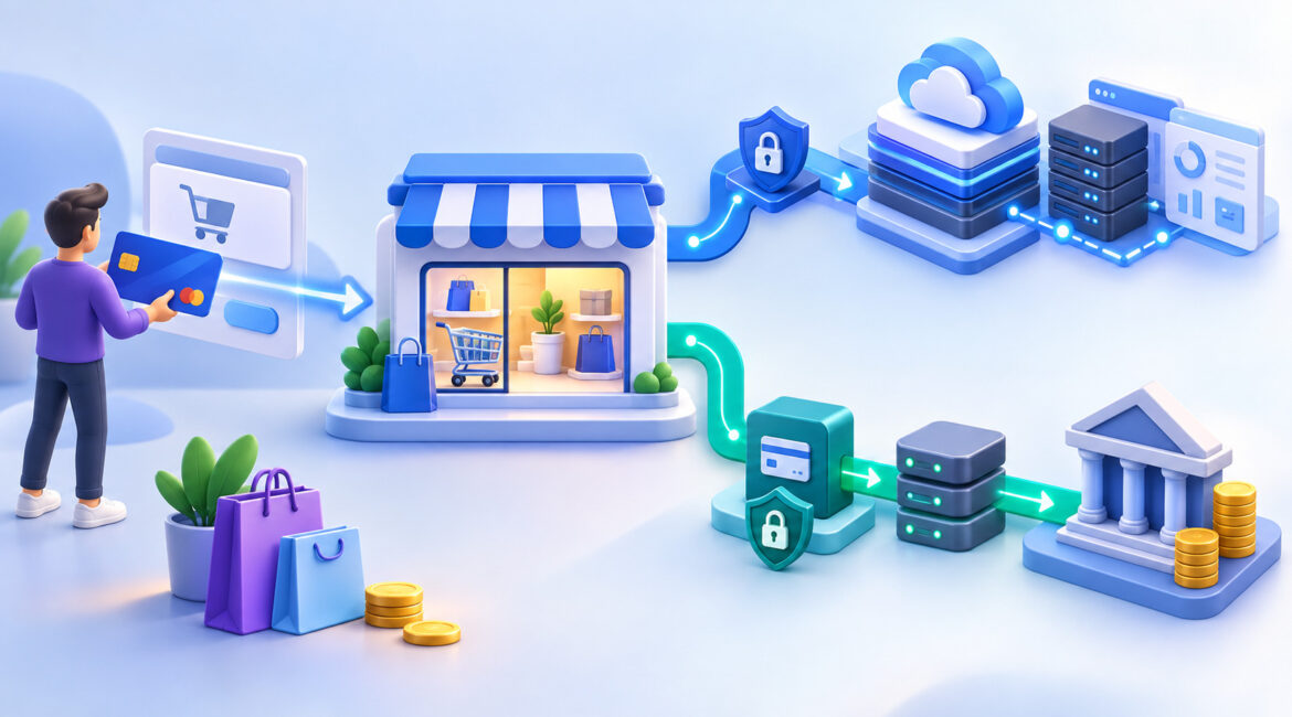 Website builder transaction fees and payment gateway illustration
